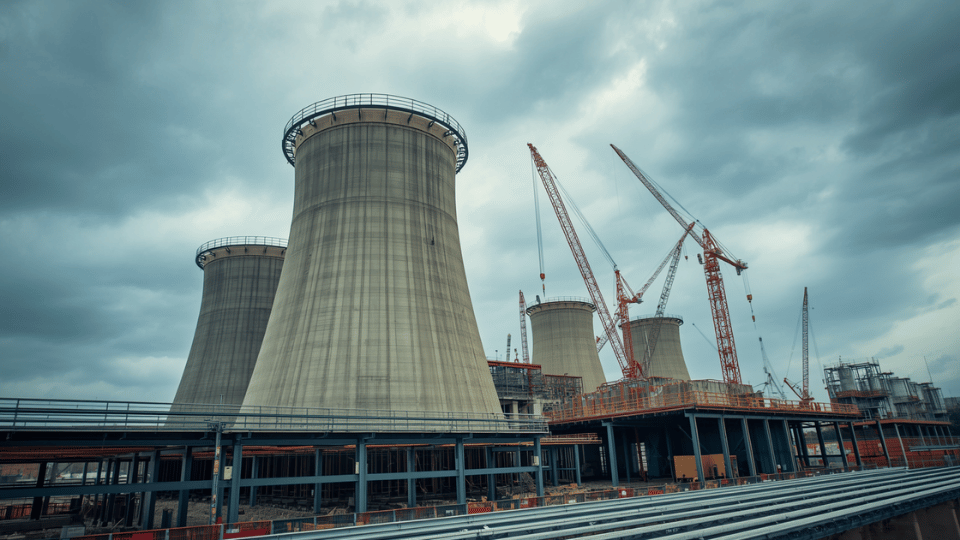 Industrial server infrastructure construction site featuring large cooling towers and heavy machinery under a cloudy sky.