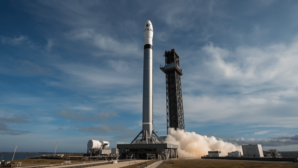 A large SpaceX Starship rocket standing on a launch pad next to a launch tower.