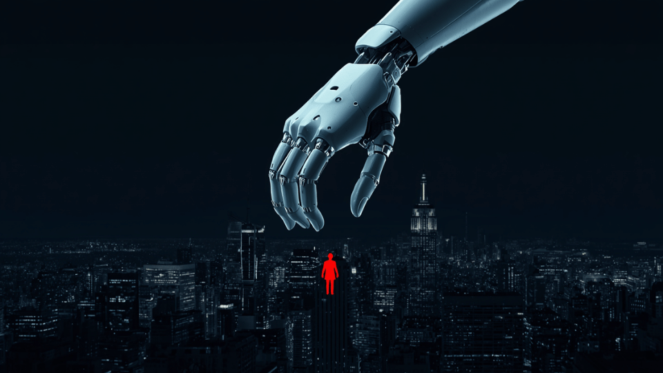 Digital illustration of a robotic hand pressing down on a red human figure above a city.