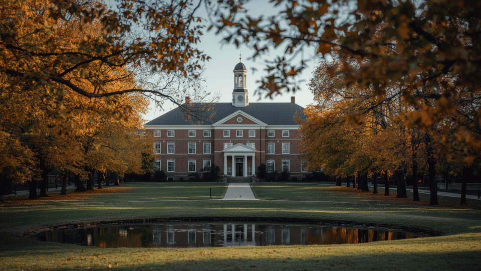 A classic brick university building with autumn trees and a quiet pond in the foreground.