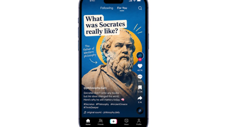 A person holding a smartphone that displays an educational vertical video feed featuring a classical Greek statue graphic.