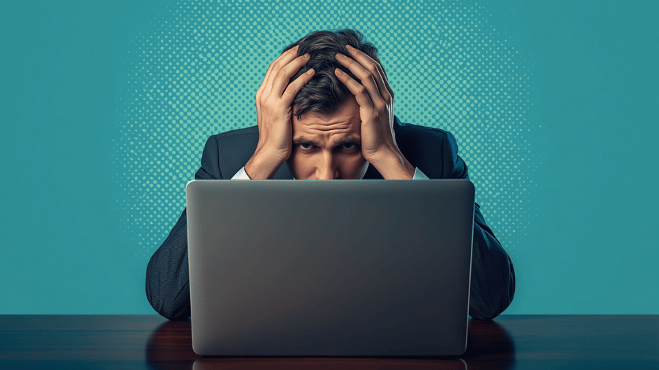 A pop-art graphic of a stressed man holding his head in front of a laptop.