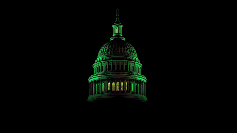 Digital illustration of a government capitol dome building with colorful pixel accents.