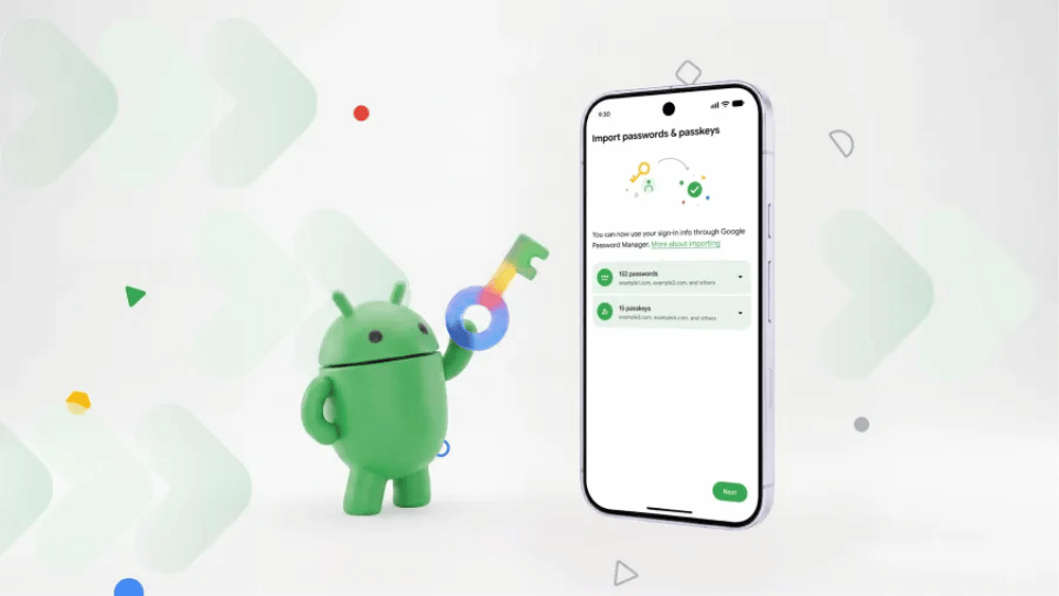Four smartphones lined up showing Android password manager import setup screens.