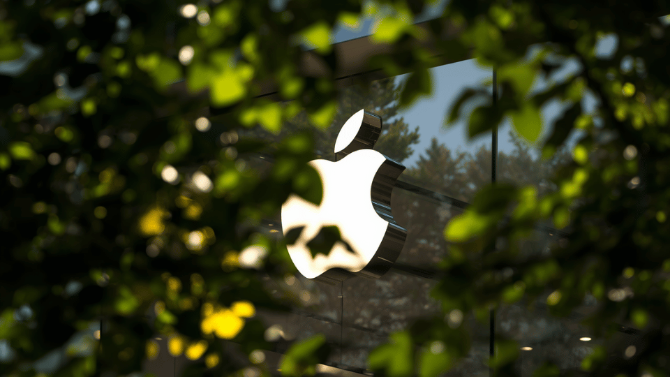 The exterior of an Apple store with the white logo glowing behind green leaves.