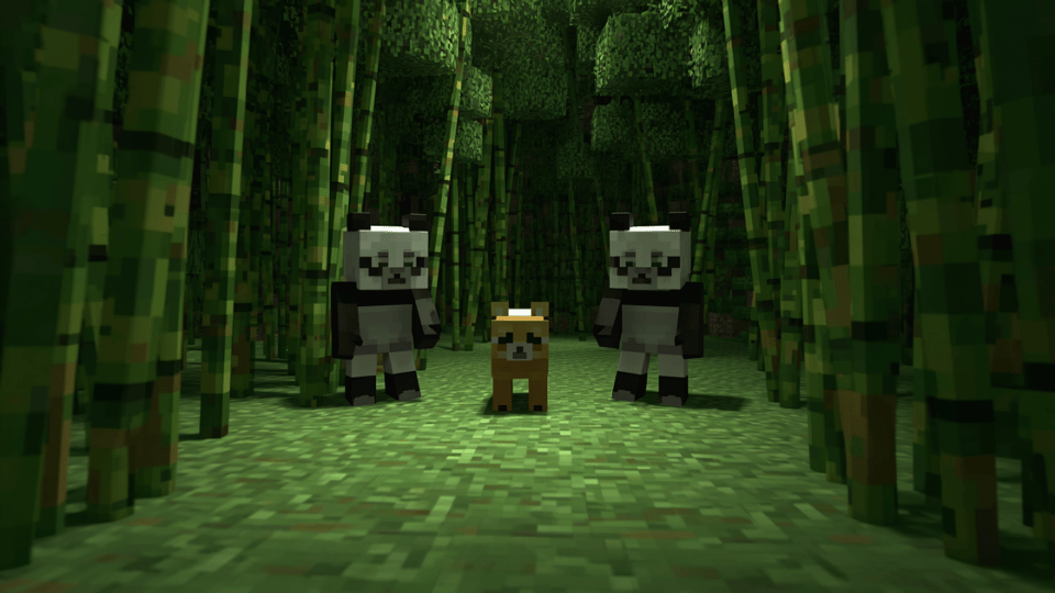 Pixelated Minecraft pandas and a cat standing in a bamboo forest scene.