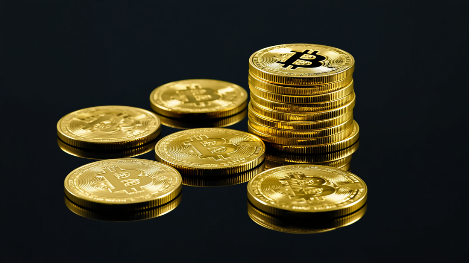 Shiny gold physical Bitcoin coins resting on a dark reflective surface.
