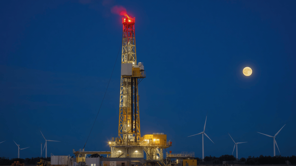 An industrial geothermal drilling rig standing lit at night beneath a full moon and wind turbines.