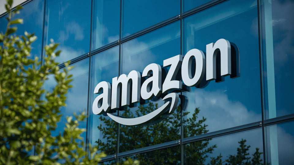 Exterior glass facade of an Amazon corporate office building with a silver logo visible.
