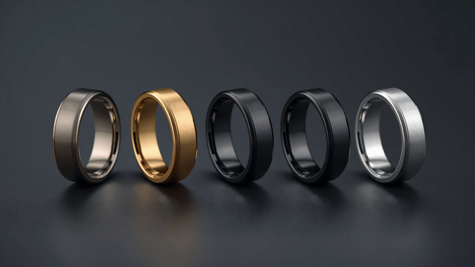 Five smart rings in different metallic colors lined up neatly on a dark surface.