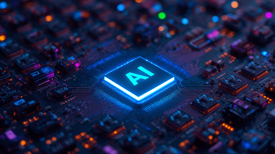 A central artificial intelligence chip surrounded by rows of colorful server processors on a circuit board.