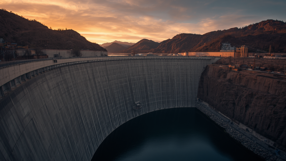A large concrete dam structure holding back a water reservoir under dusk lighting.