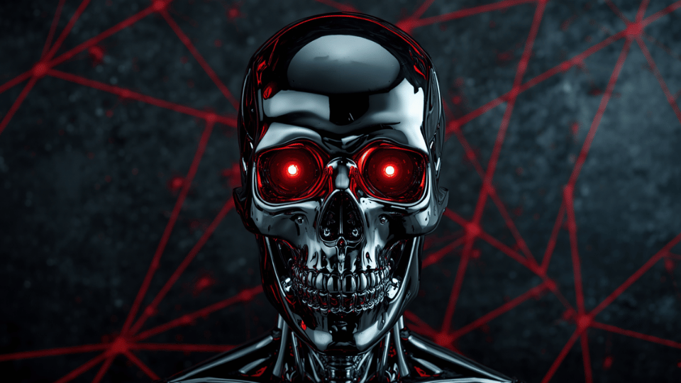 A chrome metallic skull head with red glowing eyes set against a dark textured background.