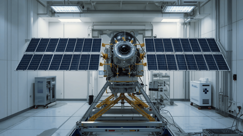 A spacecraft satellite with attached solar arrays sitting inside a cleanroom environment.